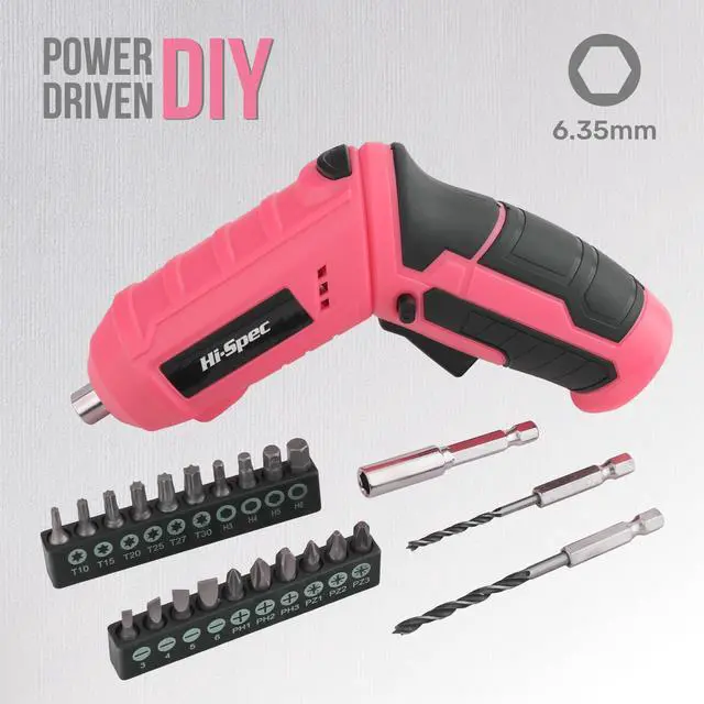 Alt view image 3 of 7 - 42pc Pink 4V USB Electric Power Driver & Household Tool Kit. Cordless Power Screwdriver and Hand Tools in a Compact Box Case