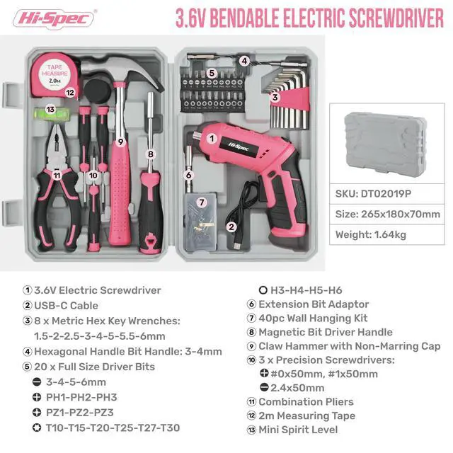 Alt view image 7 of 7 - 42pc Pink 4V USB Electric Power Driver & Household Tool Kit. Cordless Power Screwdriver and Hand Tools in a Compact Box Case