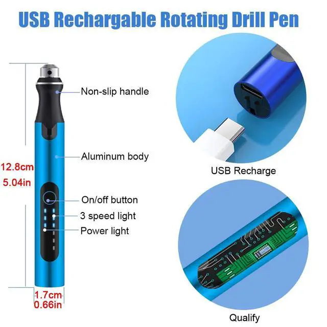 Alt view image 2 of 7 - 3-Speed Cordless Mini Drill Pen With 10 Small Drill Bits,Rechargeable Electric Hand Drill Pin Vise,Resin Drill Set For Jewelry Making, Resin, Plastic, Wood, Keychains DIY (BLUE)