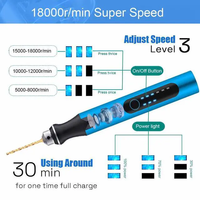 Alt view image 3 of 7 - 3-Speed Cordless Mini Drill Pen With 10 Small Drill Bits,Rechargeable Electric Hand Drill Pin Vise,Resin Drill Set For Jewelry Making, Resin, Plastic, Wood, Keychains DIY (BLUE)