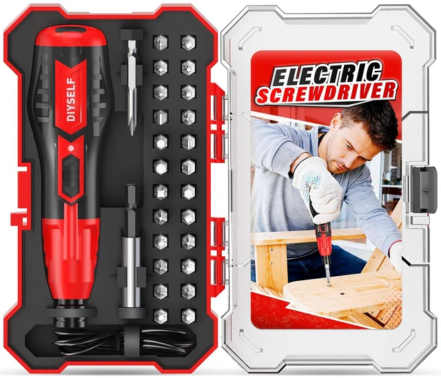 Main image of Electric Screwdriver, Cordless Power Screwdriver Set, 28-Piece, Red | USB Rechargeable, Includes 25 Bits, LED Work Light and Storage Case for Furniture Assembly and Home Repairs, Gift for Men