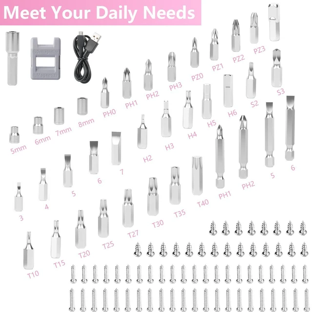 Alt view image 3 of 7 - 3.6V Electric Screwdriver Rechargeable, Cordless Screwdriver | Type-C Charging, 105 Pcs & Storage Box Home DIY, Assembly, Furniture Installation, Repairs, Pink