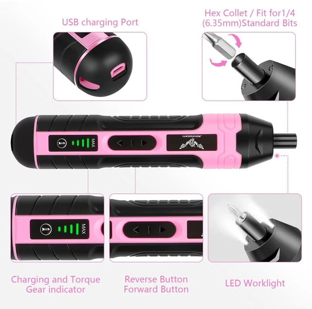 Alt view image 4 of 7 - 3.6V Electric Screwdriver Rechargeable, Cordless Screwdriver | Type-C Charging, 105 Pcs & Storage Box Home DIY, Assembly, Furniture Installation, Repairs, Pink