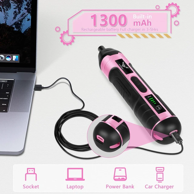 Alt view image 6 of 7 - 3.6V Electric Screwdriver Rechargeable, Cordless Screwdriver | Type-C Charging, 105 Pcs & Storage Box Home DIY, Assembly, Furniture Installation, Repairs, Pink