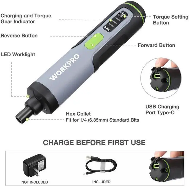 Alt view image 2 of 7 - 4V Electric Screwdriver, Rechargeable Cordless Screwdriver Set with 35 Bits, Extension Rod, USB Charging Cable in Carrying Case, LED Light, Black Gray