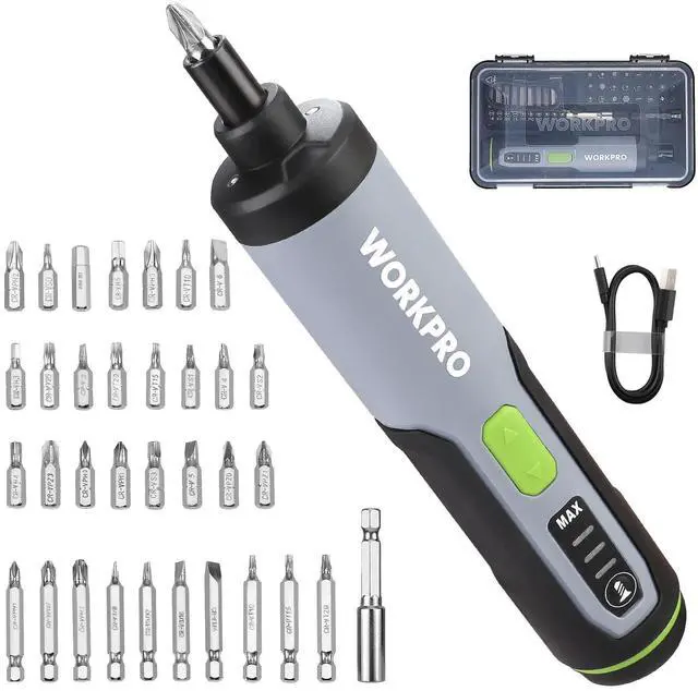 Main image of 4V Electric Screwdriver, Rechargeable Cordless Screwdriver Set with 35 Bits, Extension Rod, USB Charging Cable in Carrying Case, LED Light, Black Gray