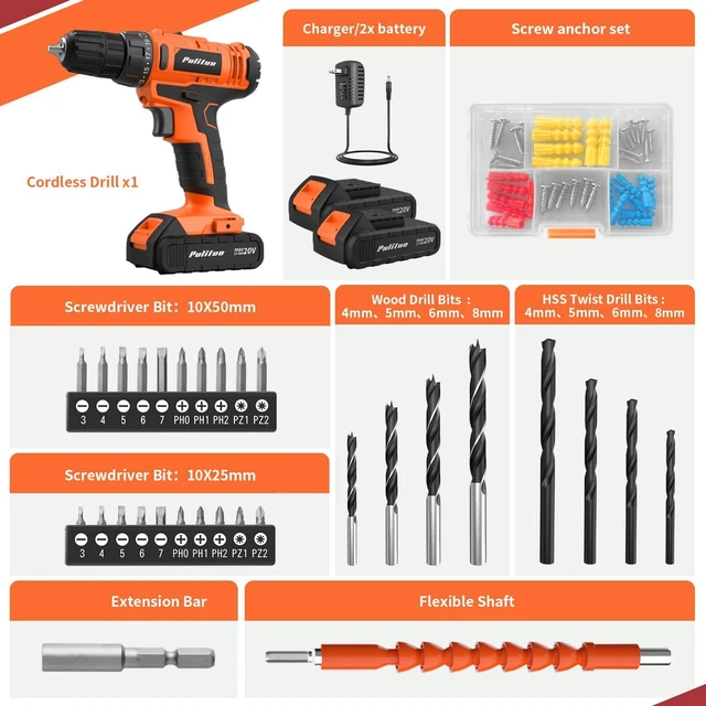 Alt view image 2 of 7 - 20V Cordless Drill/Driver, 2 Batteries Electric Screwdriver, 30Nm Power Drill Driver, 21+1 Torque, 2 Speed, 3/8"Keyless Chuck, power Drill with LED Light, Drill Driver Kit for Home (Orange)