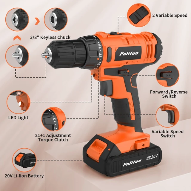 Alt view image 3 of 7 - 20V Cordless Drill/Driver, 2 Batteries Electric Screwdriver, 30Nm Power Drill Driver, 21+1 Torque, 2 Speed, 3/8"Keyless Chuck, power Drill with LED Light, Drill Driver Kit for Home (Orange)