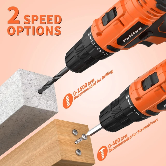 Alt view image 4 of 7 - 20V Cordless Drill/Driver, 2 Batteries Electric Screwdriver, 30Nm Power Drill Driver, 21+1 Torque, 2 Speed, 3/8"Keyless Chuck, power Drill with LED Light, Drill Driver Kit for Home (Orange)