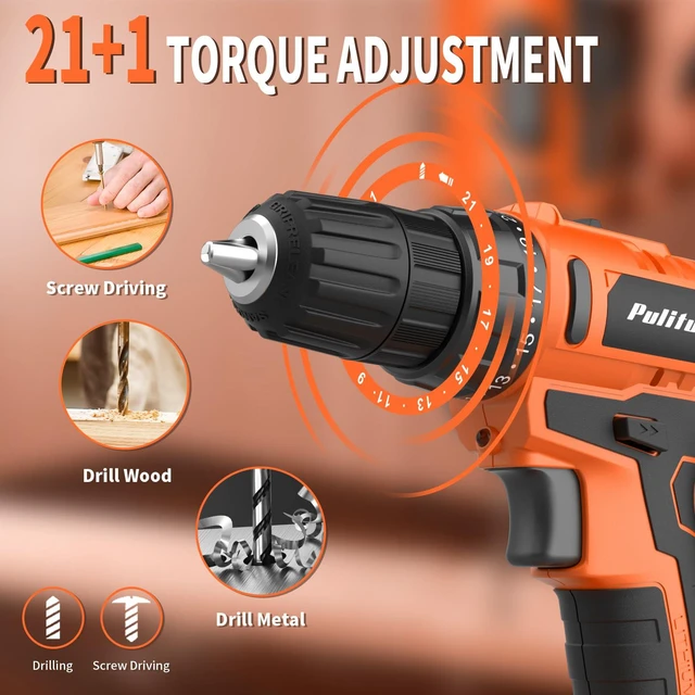 Alt view image 5 of 7 - 20V Cordless Drill/Driver, 2 Batteries Electric Screwdriver, 30Nm Power Drill Driver, 21+1 Torque, 2 Speed, 3/8"Keyless Chuck, power Drill with LED Light, Drill Driver Kit for Home (Orange)
