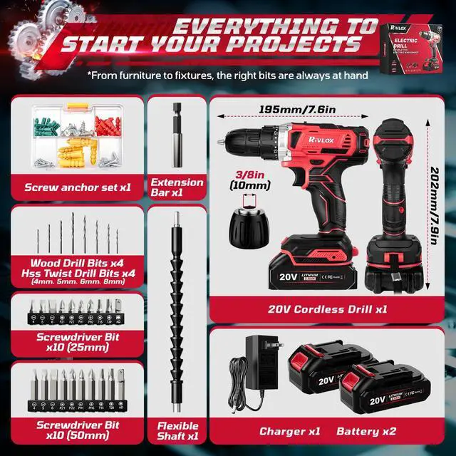 Alt view image 2 of 7 - 20V Cordless Drill Set,Electric Power Drill Cordless,Power Drill Drivers