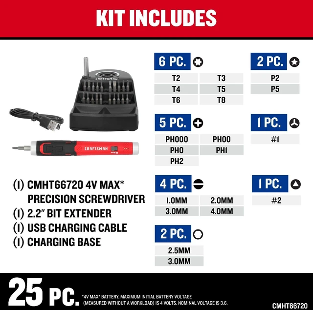 Alt view image 7 of 7 - Electric Screwdriver Cordless 25 Piece Kit, 4V Precision Screwdriver Set Rechargeable Power, USB Compatible, Includes Bit Set Storage, Charging Base, LED Light (CMHT66720)