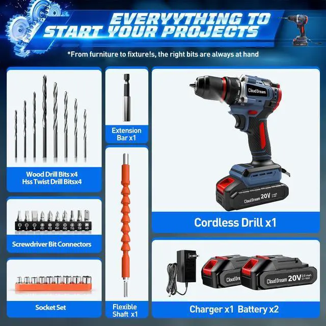 Alt view image 6 of 7 - Cordless Drill Set,Electric Power Drill with 2 Battery,60N.m,21+1 Torque,2 Variable Speed,30pcs Acessories,Built-in LED,Kit for Home
