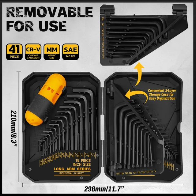 Alt view image 2 of 7 - Hex Key Allen Wrench Set: 41-Piece Hex and Torx Key Set with Torque Handle, Standard SAE(0.028"-3/8") & Metric(0.7mm-10mm) & Torx(T9-T50) in Storage Case, Heat Treated Chrome Vanadium Steel
