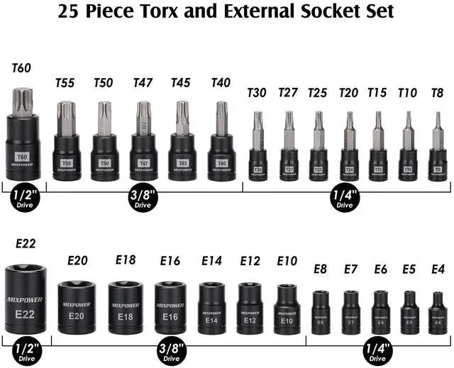 Alt view image 2 of 7 - 25 Piece Torx Bit and Socket Set, 13 Star Bits (T8- T60) & 12 E-Torx Sockets (E4-E22), Professional Grade Auto & Motorcycle Mechanic Set