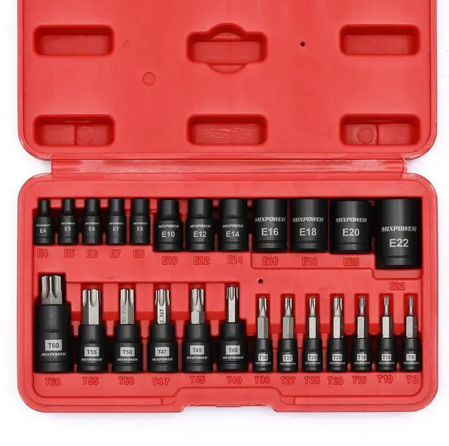 Main image of 25 Piece Torx Bit and Socket Set, 13 Star Bits (T8- T60) & 12 E-Torx Sockets (E4-E22), Professional Grade Auto & Motorcycle Mechanic Set
