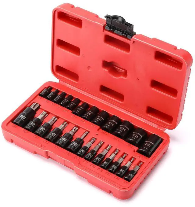 Alt view image 7 of 7 - 25 Piece Torx Bit and Socket Set, 13 Star Bits (T8- T60) & 12 E-Torx Sockets (E4-E22), Professional Grade Auto & Motorcycle Mechanic Set