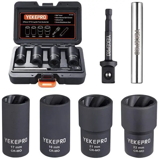 Main image of 6PCS Lug Nut Removal Tool, 1/2 Inch Bolt Extractor Set | Impact twist socket set, 17,19,21,22mm wheel lock removal kit for removing damaged, frozen, nuts & screws, Cr-Mo steel