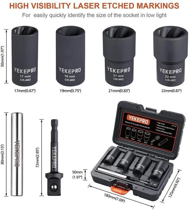 Alt view image 2 of 5 - 6PCS Lug Nut Removal Tool, 1/2 Inch Bolt Extractor Set | Impact twist socket set, 17,19,21,22mm wheel lock removal kit for removing damaged, frozen, nuts & screws, Cr-Mo steel