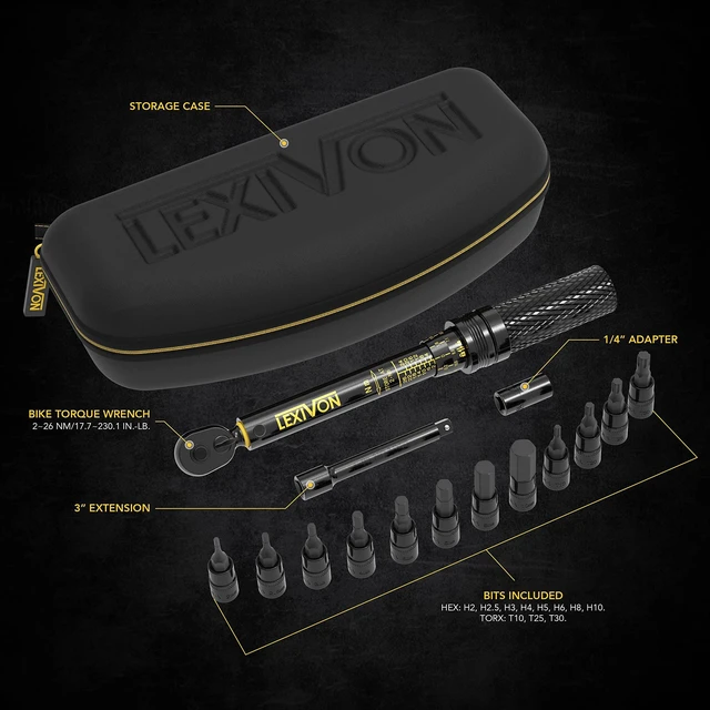 Alt view image 3 of 7 - Bike Torque Wrench 1/4-Inch Dr. 15-Piece Kit | 72-Tooth Gear, Dual-Direction Click Type 2~26 Nm / 17.7~230.1 in-lb (LX-191)