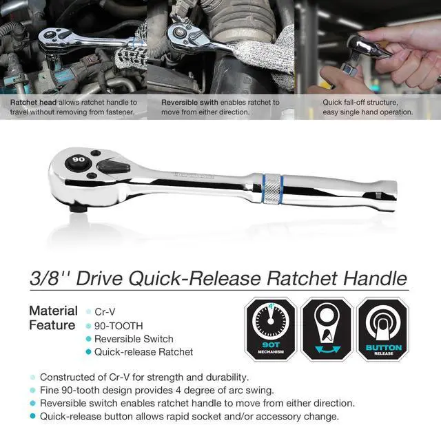 Alt view image 2 of 7 - 3/8-Inch Drive Ratchet, 90-Tooth Quick-Release Ratchet Wrench | Reversible, Cr-V Made, 4° Swing, Full Polished, Professional Socket Wrench for Men Women Stocking Stuffers for Men Women