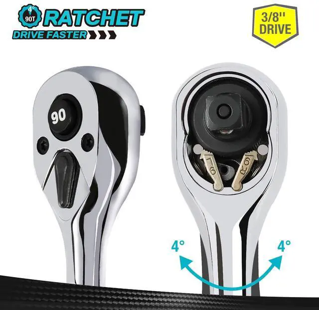 Alt view image 4 of 7 - 3/8-Inch Drive Ratchet, 90-Tooth Quick-Release Ratchet Wrench | Reversible, Cr-V Made, 4° Swing, Full Polished, Professional Socket Wrench for Men Women Stocking Stuffers for Men Women