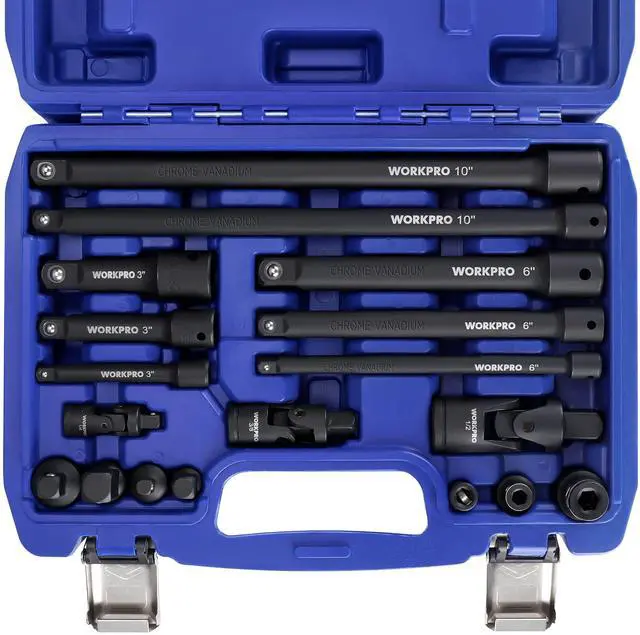 Main image of 18-Piece Impact Socket Extension Set, 1/4", 3/8" & 1/2" Drive | Includes Socket Adapters, Ratchet Extension Set, Socket Extension Bar, Swivel Universal Joints and Impact Coupler