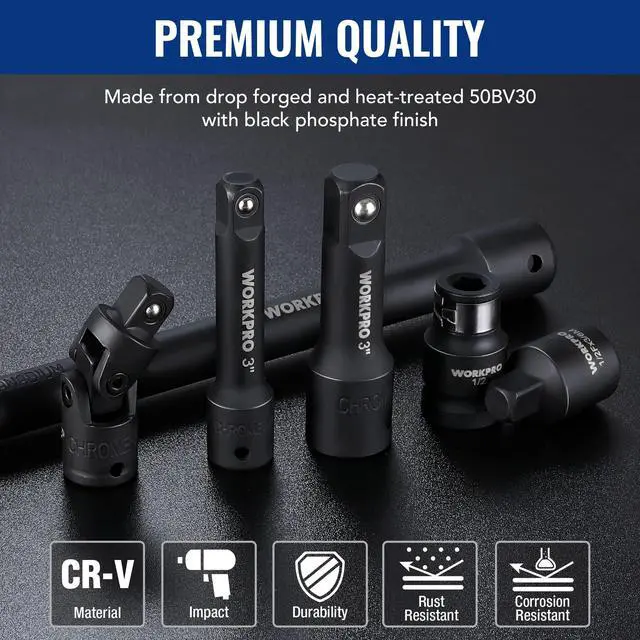 Alt view image 3 of 7 - 18-Piece Impact Socket Extension Set, 1/4", 3/8" & 1/2" Drive | Includes Socket Adapters, Ratchet Extension Set, Socket Extension Bar, Swivel Universal Joints and Impact Coupler