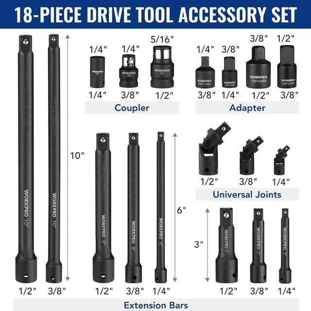 Alt view image 2 of 7 - 18-Piece Impact Socket Extension Set, 1/4", 3/8" & 1/2" Drive | Includes Socket Adapters, Ratchet Extension Set, Socket Extension Bar, Swivel Universal Joints and Impact Coupler