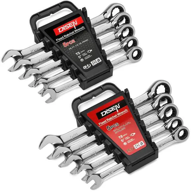 Main image of 10Pcs Ratcheting Wrench Set SAE & Metric Ratchet Wrench Set with Rack Organizer, Premium CR-v Steel, 12 Point, 72 Teeth,Box End and Open End Ratcheting Wrench Set,Metric 10-15mm&SAE 3/8''-5/8''