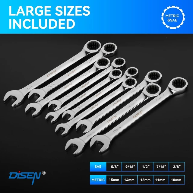 Alt view image 2 of 7 - 10Pcs Ratcheting Wrench Set SAE & Metric Ratchet Wrench Set with Rack Organizer, Premium CR-v Steel, 12 Point, 72 Teeth,Box End and Open End Ratcheting Wrench Set,Metric 10-15mm&SAE 3/8''-5/8''