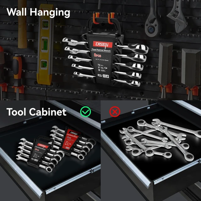 Alt view image 4 of 7 - 10Pcs Ratcheting Wrench Set SAE & Metric Ratchet Wrench Set with Rack Organizer, Premium CR-v Steel, 12 Point, 72 Teeth,Box End and Open End Ratcheting Wrench Set,Metric 10-15mm&SAE 3/8''-5/8''