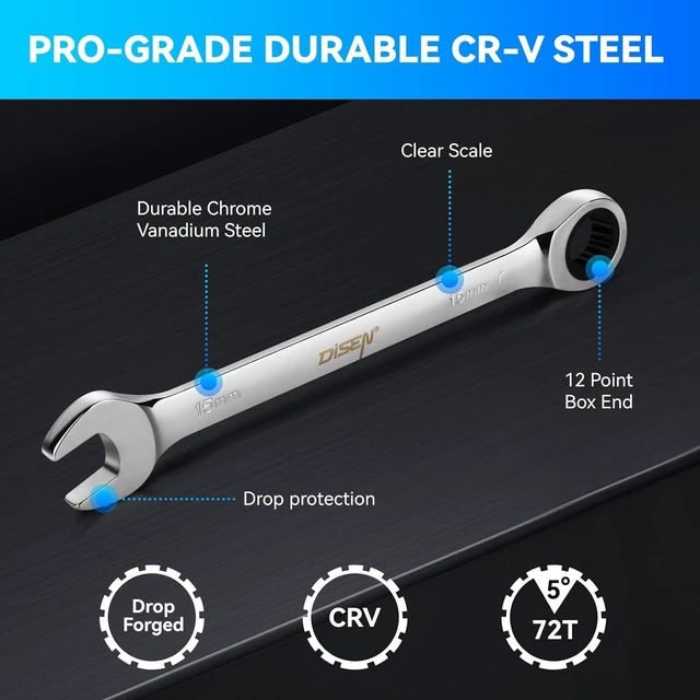 Alt view image 5 of 7 - 10Pcs Ratcheting Wrench Set SAE & Metric Ratchet Wrench Set with Rack Organizer, Premium CR-v Steel, 12 Point, 72 Teeth,Box End and Open End Ratcheting Wrench Set,Metric 10-15mm&SAE 3/8''-5/8''