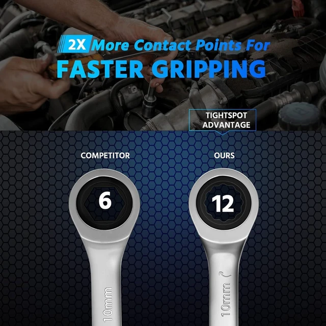 Alt view image 6 of 7 - 10Pcs Ratcheting Wrench Set SAE & Metric Ratchet Wrench Set with Rack Organizer, Premium CR-v Steel, 12 Point, 72 Teeth,Box End and Open End Ratcheting Wrench Set,Metric 10-15mm&SAE 3/8''-5/8''