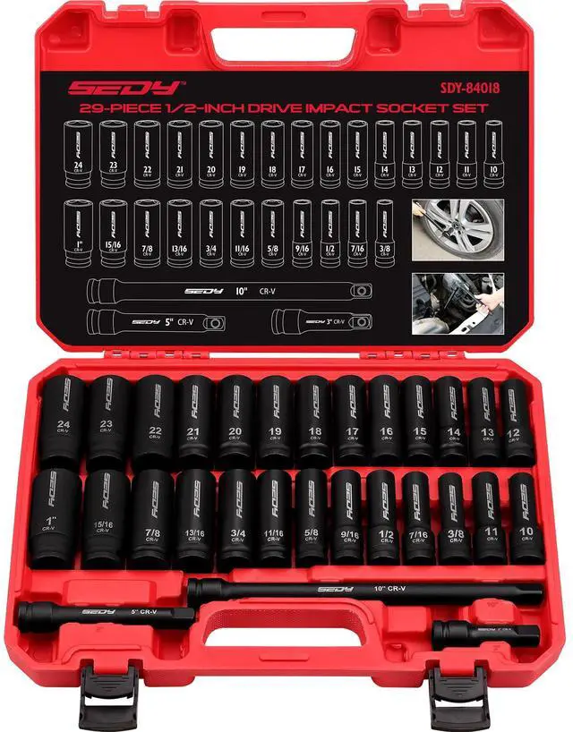 Main image of 29-Piece 1/2" Drive Impact Socket Set, SAE (3/8 to 1 inch) and Metric (10-24mm) Sizes with Extension Bars Standard Deep Socket Set CR-V Material High Durability Impact Wrench