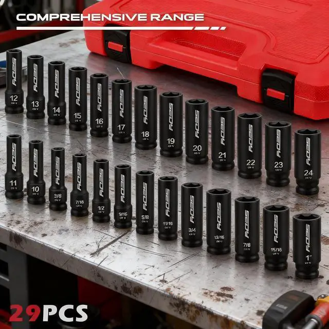 Alt view image 3 of 7 - 29-Piece 1/2" Drive Impact Socket Set, SAE (3/8 to 1 inch) and Metric (10-24mm) Sizes with Extension Bars Standard Deep Socket Set CR-V Material High Durability Impact Wrench