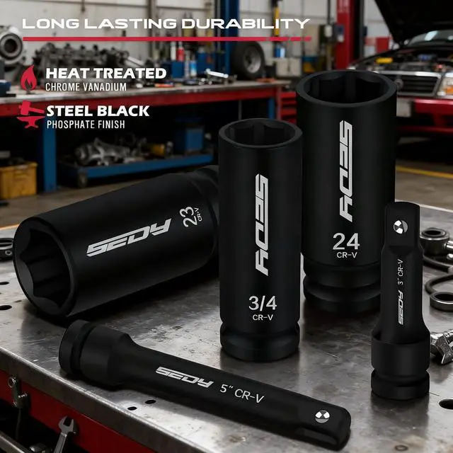 Alt view image 5 of 7 - 29-Piece 1/2" Drive Impact Socket Set, SAE (3/8 to 1 inch) and Metric (10-24mm) Sizes with Extension Bars Standard Deep Socket Set CR-V Material High Durability Impact Wrench