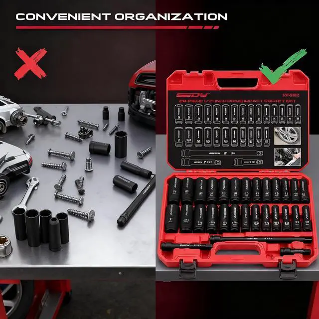 Alt view image 7 of 7 - 29-Piece 1/2" Drive Impact Socket Set, SAE (3/8 to 1 inch) and Metric (10-24mm) Sizes with Extension Bars Standard Deep Socket Set CR-V Material High Durability Impact Wrench