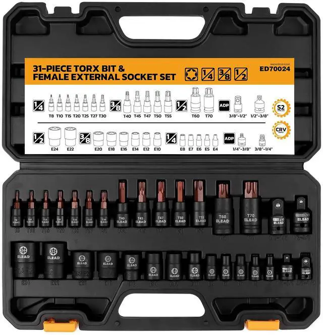 Main image of 31-Piece Torx Bit Socket Set: Premium CR-V & S2 Alloy Steel, Star T8-T70 & E-Torx E4-E24, High Torque Laser Marked for Automotive Mechanic