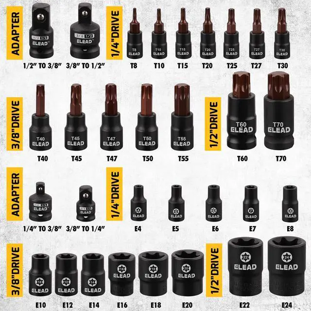 Alt view image 5 of 7 - 31-Piece Torx Bit Socket Set: Premium CR-V & S2 Alloy Steel, Star T8-T70 & E-Torx E4-E24, High Torque Laser Marked for Automotive Mechanic