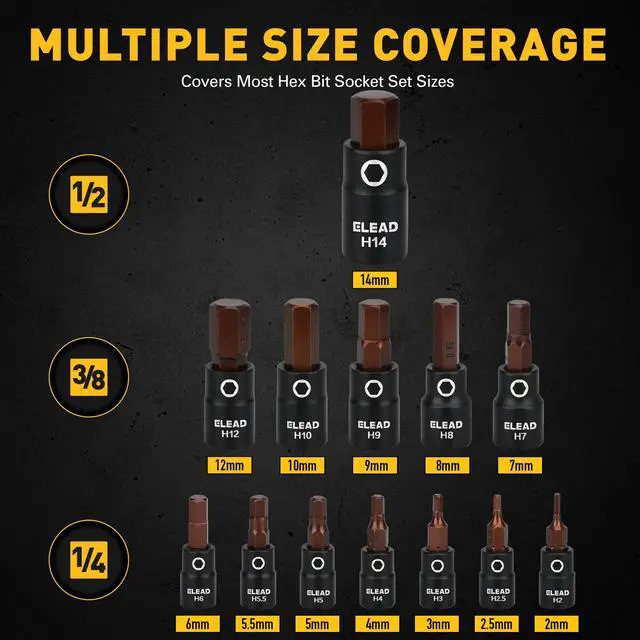 Alt view image 2 of 7 - 16-Piece Metric Hex Bit Socket Set - Premium S2 Steel 2mm-14mm Allen Socket Set with Socket Adapters, 1/4, 3/8 and 1/2 Drive | Professional Mechanic Garage Tools