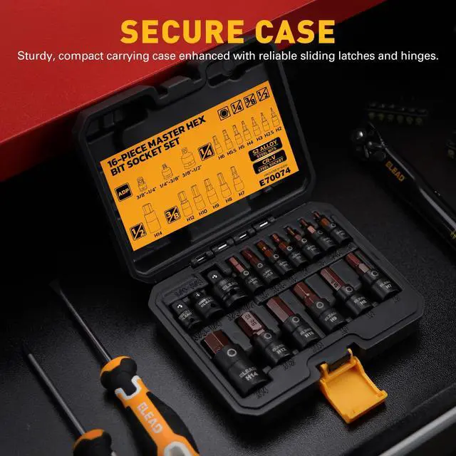 Alt view image 7 of 7 - 16-Piece Metric Hex Bit Socket Set - Premium S2 Steel 2mm-14mm Allen Socket Set with Socket Adapters, 1/4, 3/8 and 1/2 Drive | Professional Mechanic Garage Tools