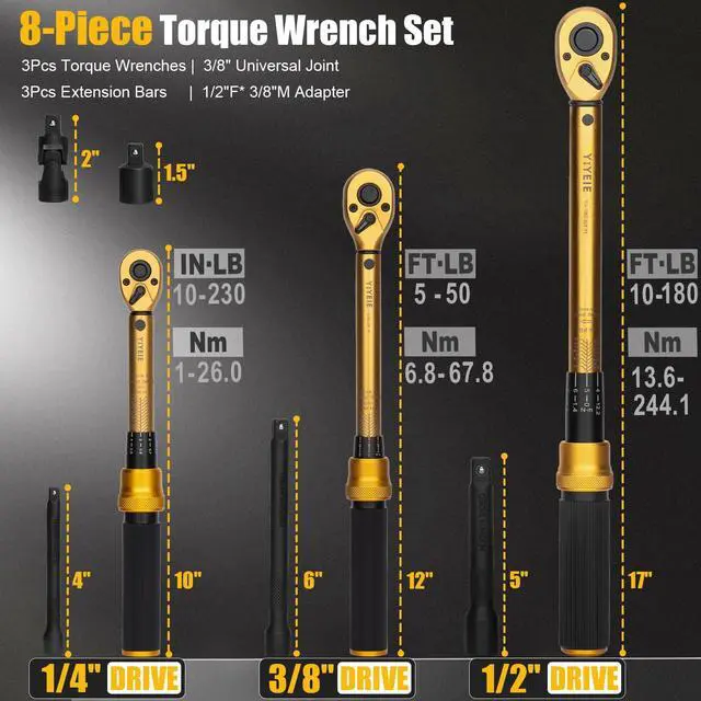 Alt view image 2 of 7 - 1/4 3/8 1/2-inch Drive Click Torque Wrench, 8Pcs Torque Wrench Set 10-230in.lb, 5-50ft.lb, 10-180ft.lb with Adapters, ±3% Accuracy, 72-Tooth Dual Scale Torque Wrenches for Bike, Moto, Car Repair