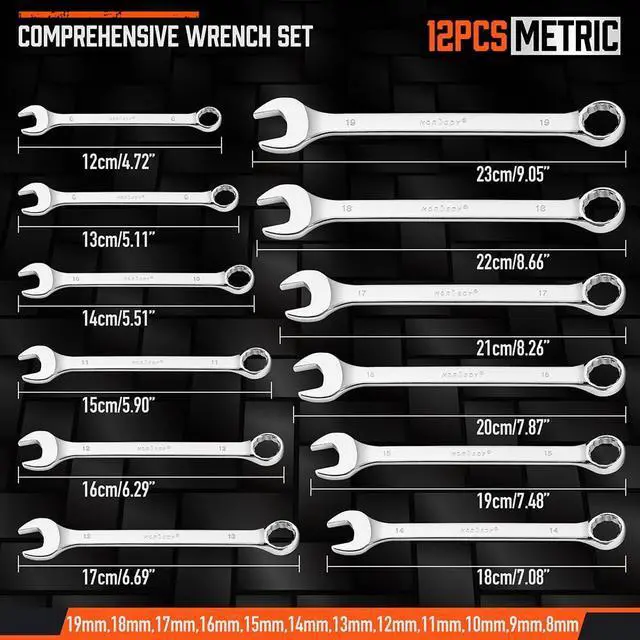 Alt view image 2 of 7 - 12-Piece Metric Wrench Set | Combination Wrench Set with Organizer | 12 Point | 8mm - 19mm | Chrome Vanadium Steel