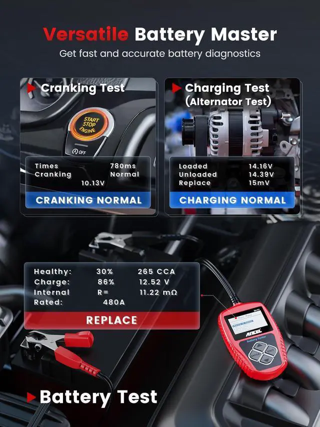 Alt view image 2 of 7 - BA101 Car Battery Tester, 12V Digital Automotive Alternator Meter Diagnostic Tool,100-2000 CCA Load Capacity, Charging & Cranking Analyzer for Truck, Boat, RV, Marine Vehicle, and More