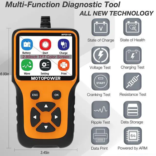 Alt view image 2 of 7 - MP0515A 12V Car Battery Tester Automotive 100-2000 CCA Battery Load Tester Auto Cranking and Charging System Tester