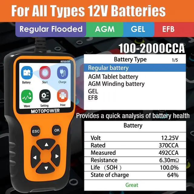 Alt view image 3 of 7 - MP0515A 12V Car Battery Tester Automotive 100-2000 CCA Battery Load Tester Auto Cranking and Charging System Tester