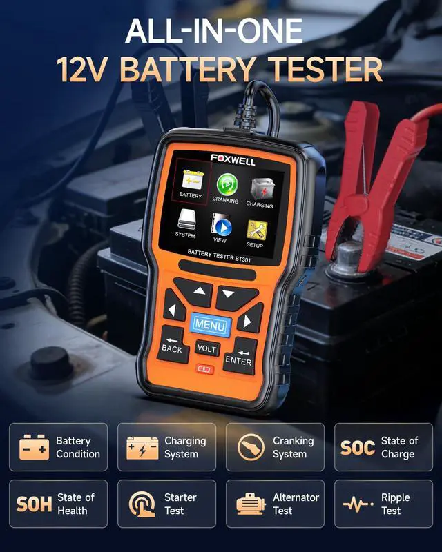 Alt view image 3 of 7 - BT301 12V Car Battery Tester, Battery Load Tester 100-2000CCA Automotive Battery Tester Digital Alternator Starter Tester Cranking Charging Tester for Car Marine Truck SUV ATV (Upgraded BT100)