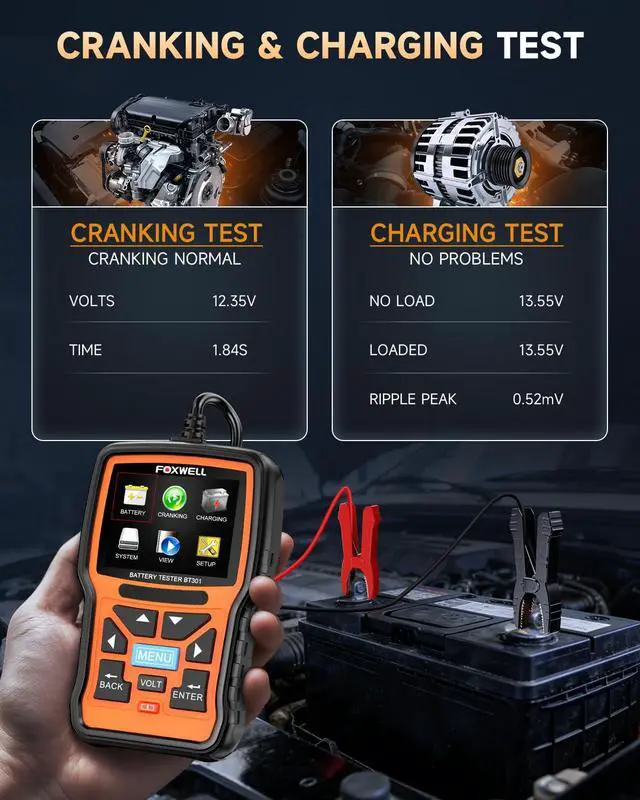 Alt view image 2 of 7 - BT301 12V Car Battery Tester, Battery Load Tester 100-2000CCA Automotive Battery Tester Digital Alternator Starter Tester Cranking Charging Tester for Car Marine Truck SUV ATV (Upgraded BT100)