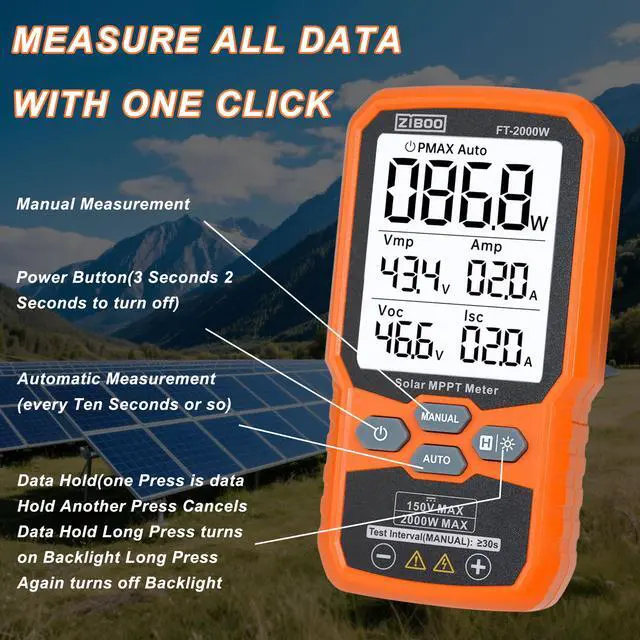 Alt view image 5 of 7 - FT-2000W Solar Panel Tester MPPT Meter - 2000W Max Power, 150V/35A PV Module Tester for Voc/Isc, Open Circuit Voltage & Short Circuit Current, with Backlight & Data Hold